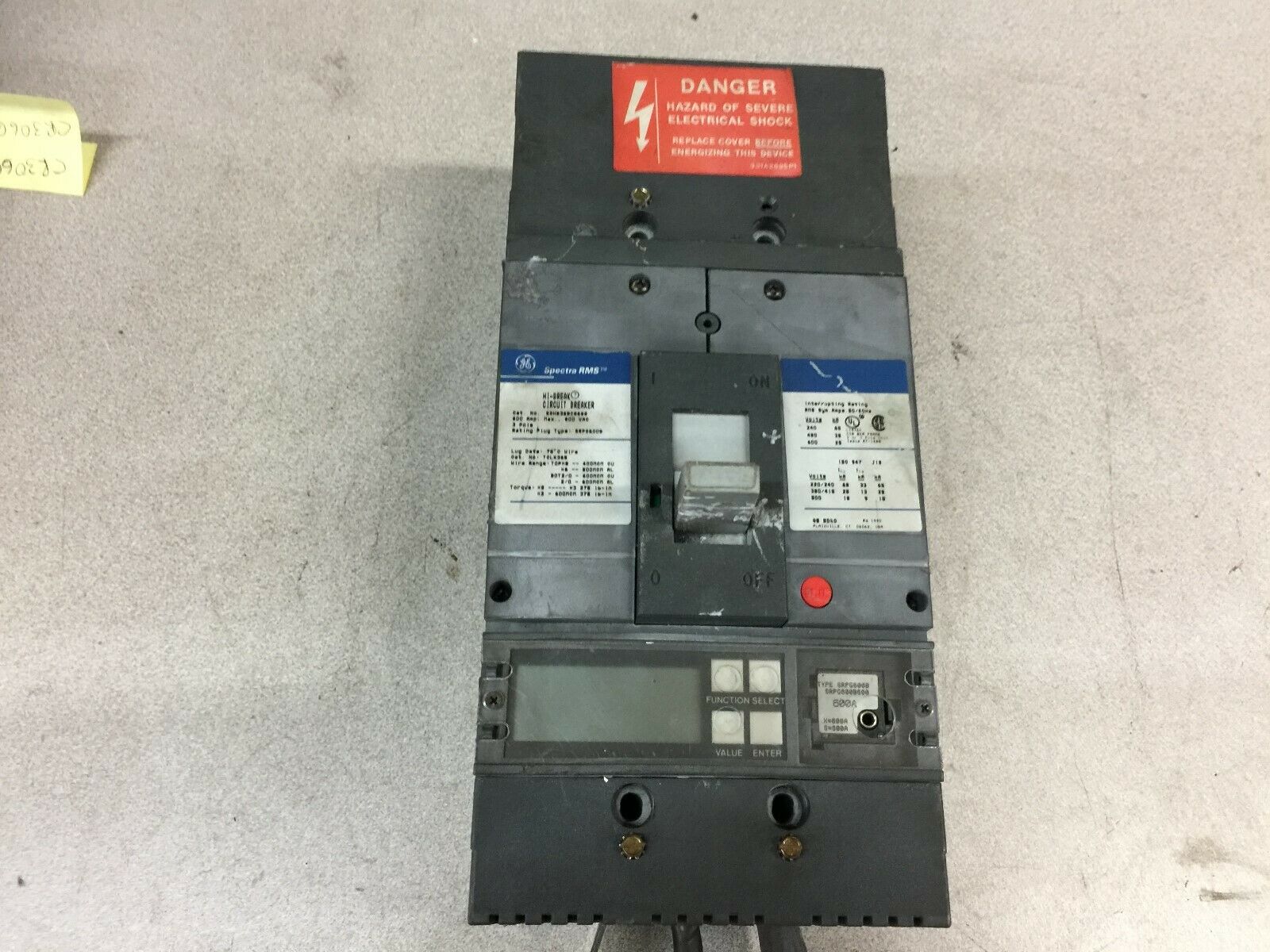 USED GE SPECTRA RMS 600AMP 3POLE 600VAC CIRCUIT BREAKER SGHB36BCO600