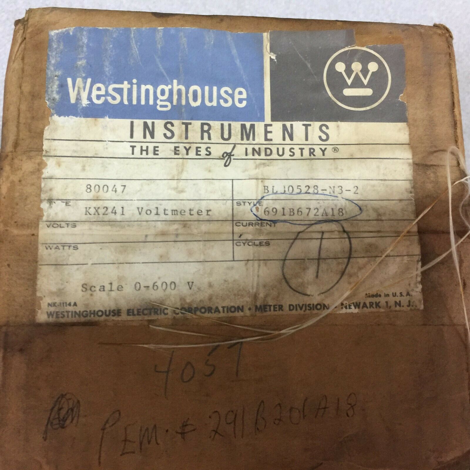 NEW IN BOX WESTINGHOUSE 0-600V KX241 VOLTMETER 691B672A18