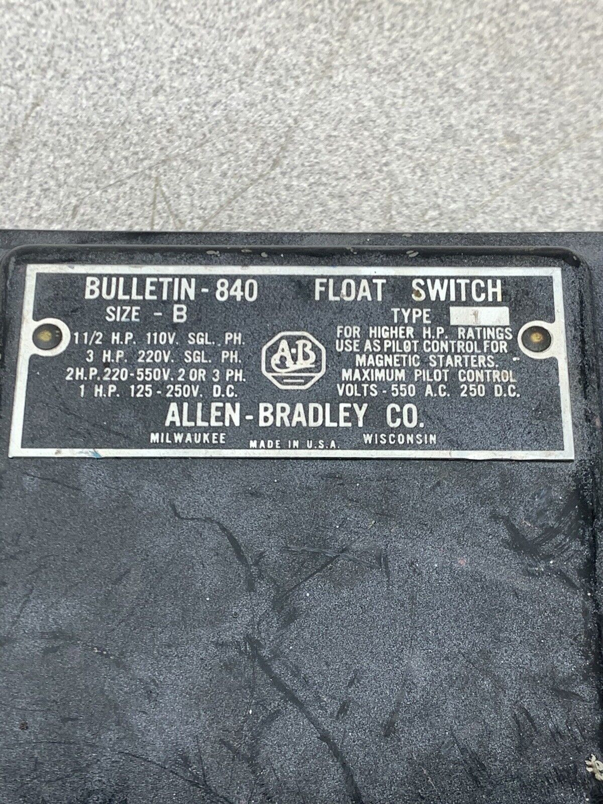 NEW NO BOX ALLEN-BRADLEY FLOAT SWITCH SIZE B TYPE 1