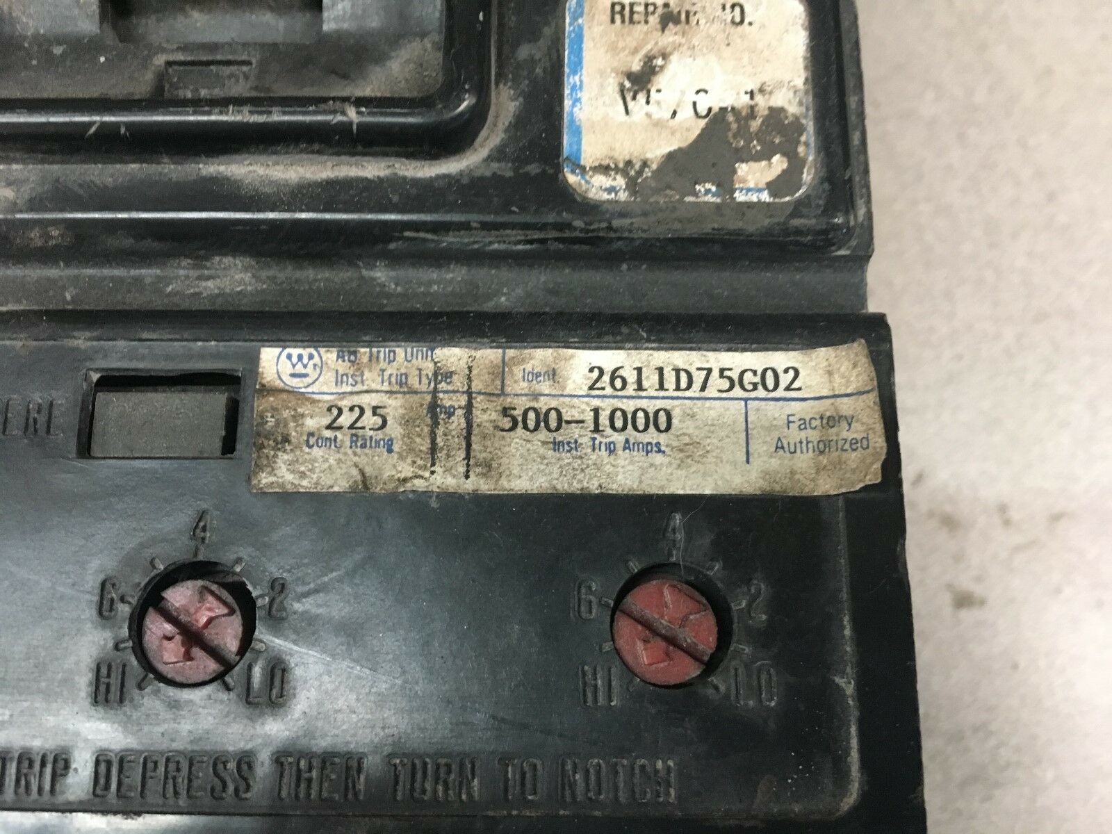 USED WESTINGHOUSE 225AMP MINING CIRCUIT BREAKER 229P069H02 WITH 2611D75G02