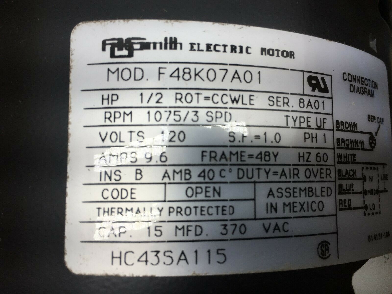 NEW IN BOX SMITH ELECTRIC 1/2HP 1075/3 SPD 48FR 120VAC 1PH MOTOR HC 43SA 115