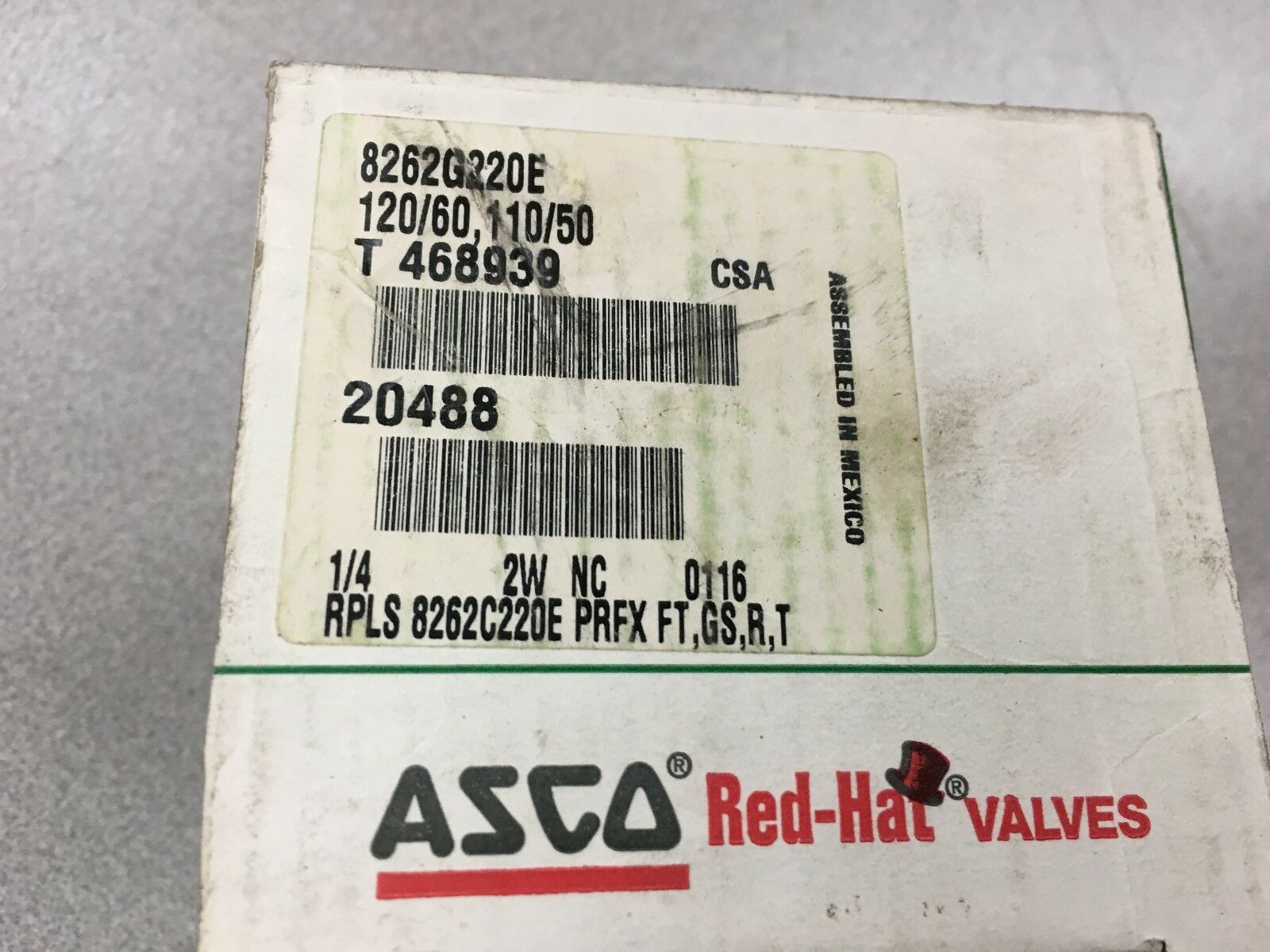 NEW IN BOX ASCO RED-HAT SOLENOID VALVE 110/120V. COIL 8262G220E