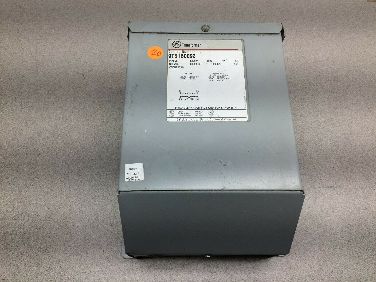 NEW NO BOX GE 2.00KVA 1PH 600VAC PRI 120/240VAC SEC TRANSFORMER 9T51B0092