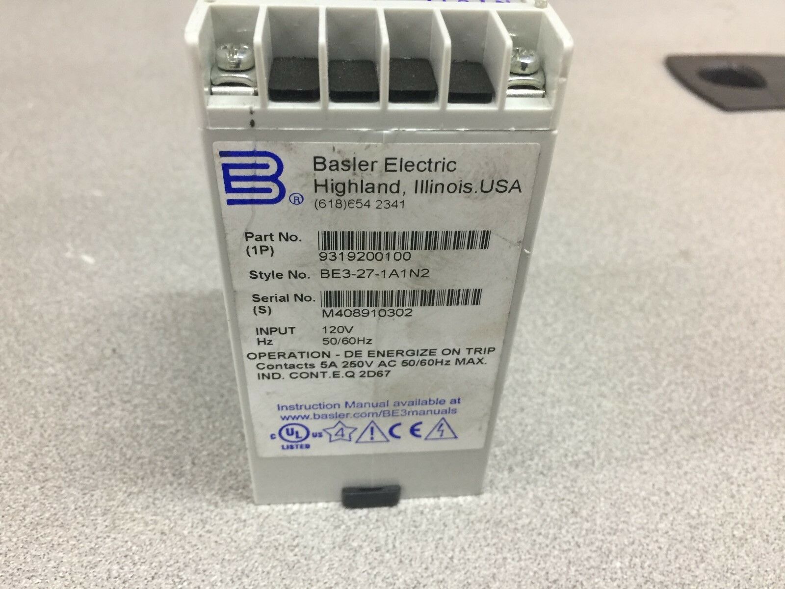 USED BASLER UNDER VOLTAGE RELAY BE3-27-1A1N2