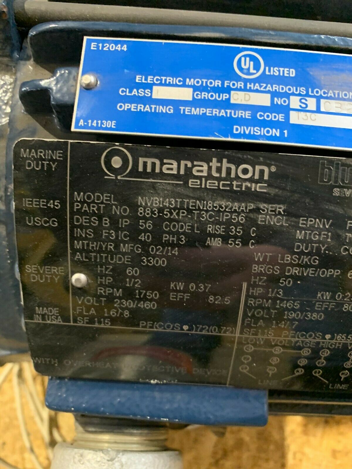 NEW MARATHON ELECTRIC NVB143TTEN18532AAP 1/2HP 1750RPM MOTOR 883-5XP-T3C-IP56