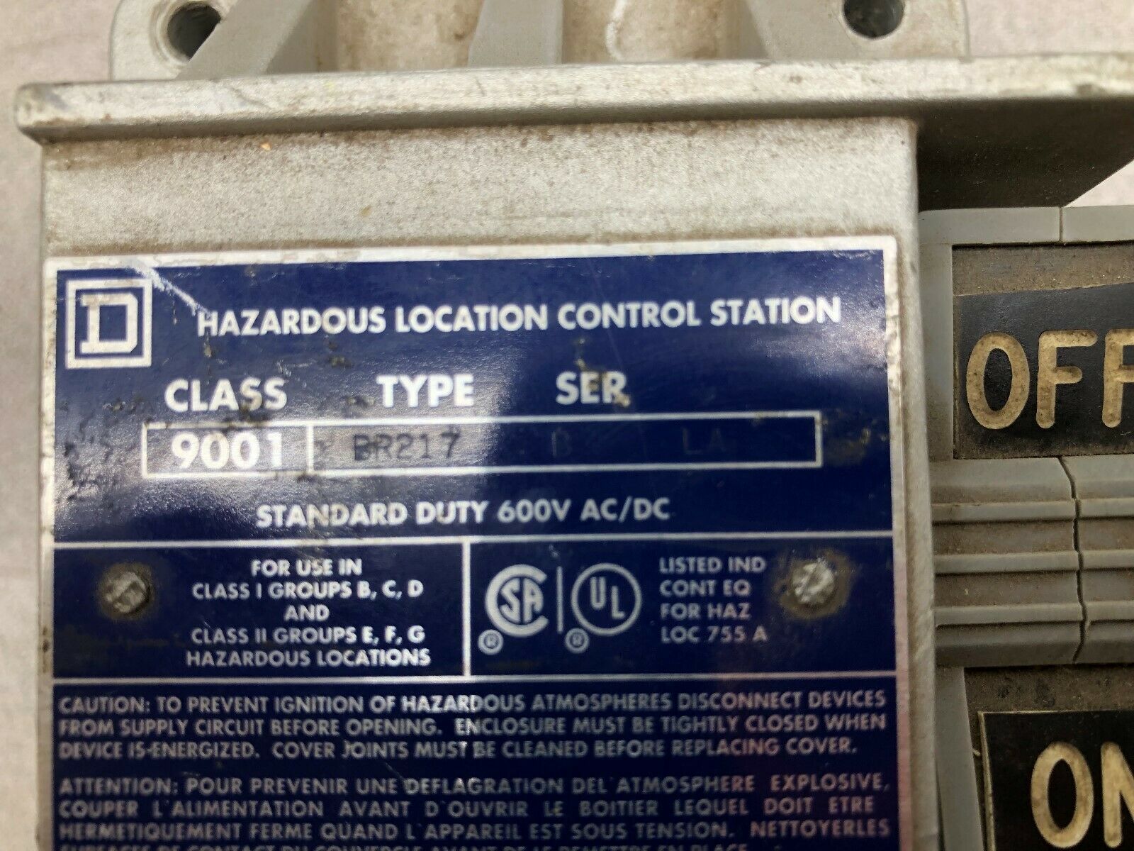 USED SQUARE D 600 VAC/DC HAZARDOUS LOCATION COTROL STATION 9001 BR217