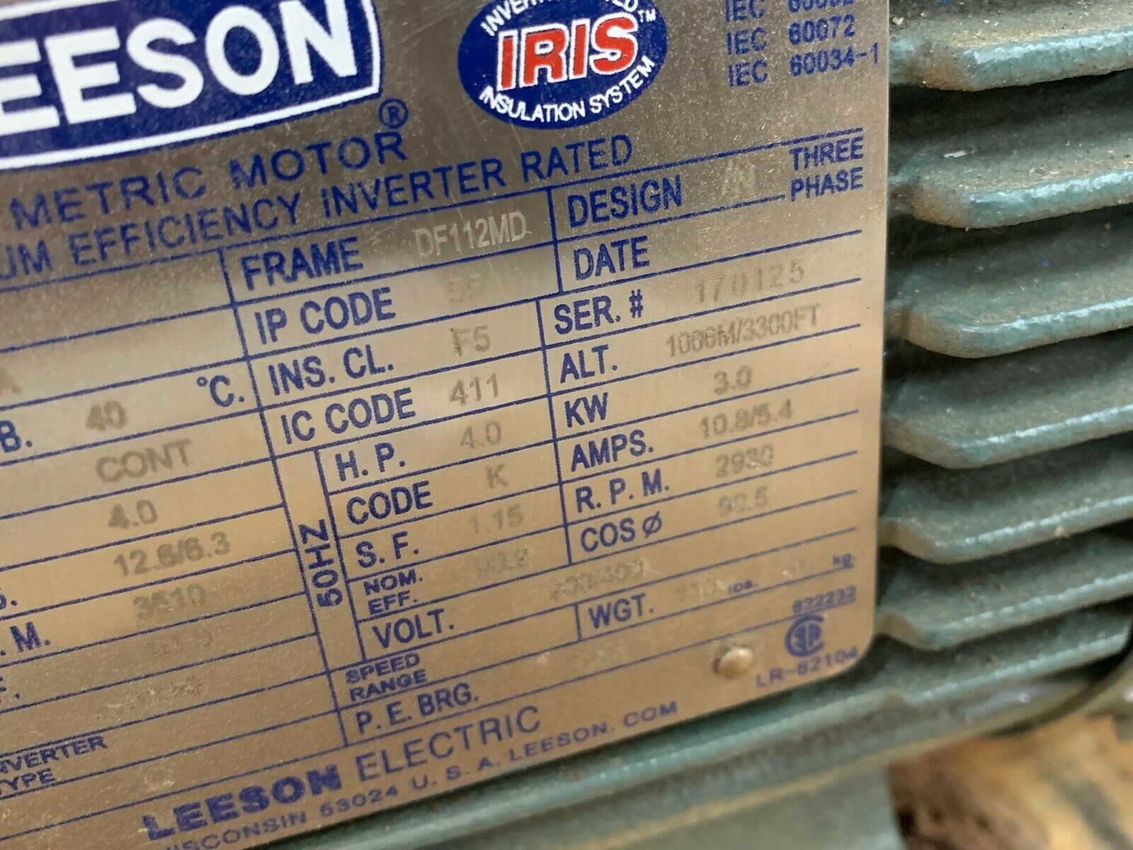 USED LEESON 5.5HP 193339.00 METRIC MOTOR Q112T34FZ25A