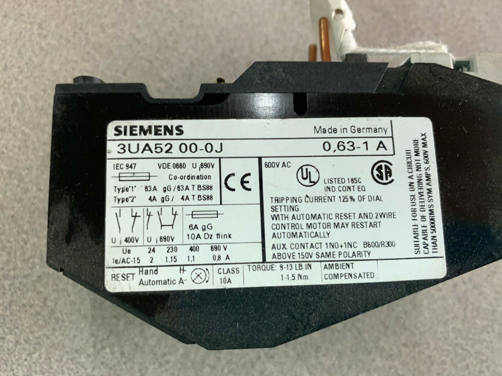 USED SIEMENS RELAY 3UA52-00-0J