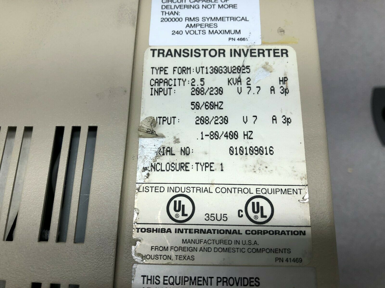 USED TOSHIBA G3 TOSVERT-130 2 HP 230 VAC INPUT 3 PH .1-80/400 HZ INVERTER DRIVE