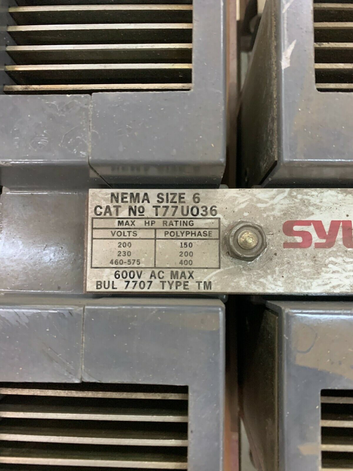 USED SYLVANIA 110/120V. COIL T77UO36 SIZE 6 CONTACTOR T77U036