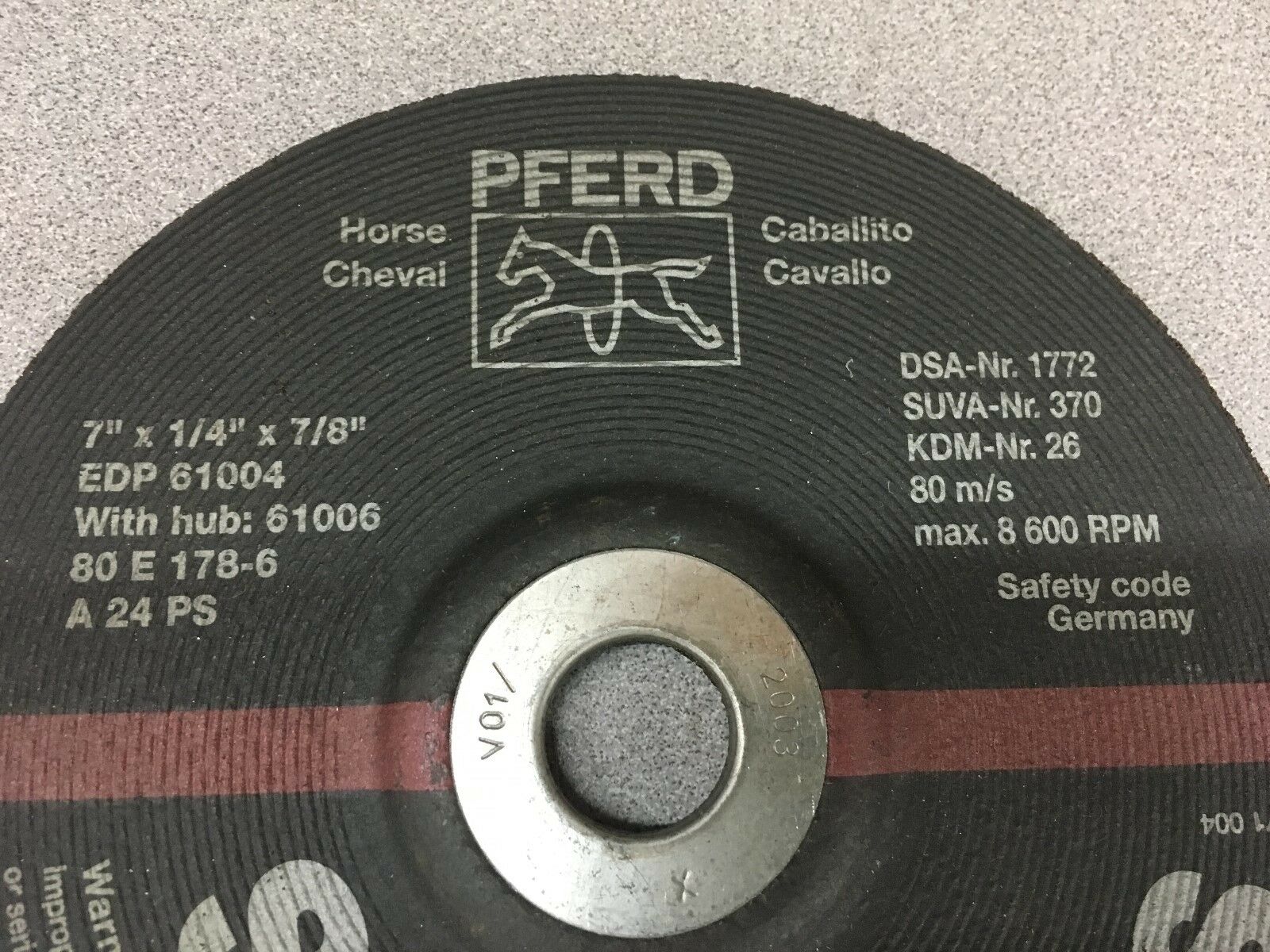 NEW NO BOX PFERD 7" X 1/4" X 7/8" GRINDING WHEEL 61006