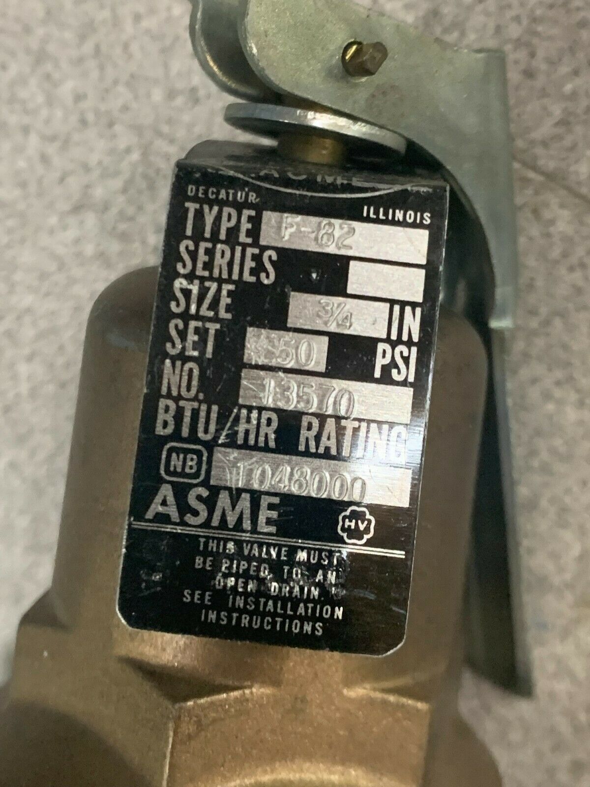 NEW NO BOX ASME 3/4" TYPE F-82 RELIEF VALVE 13570