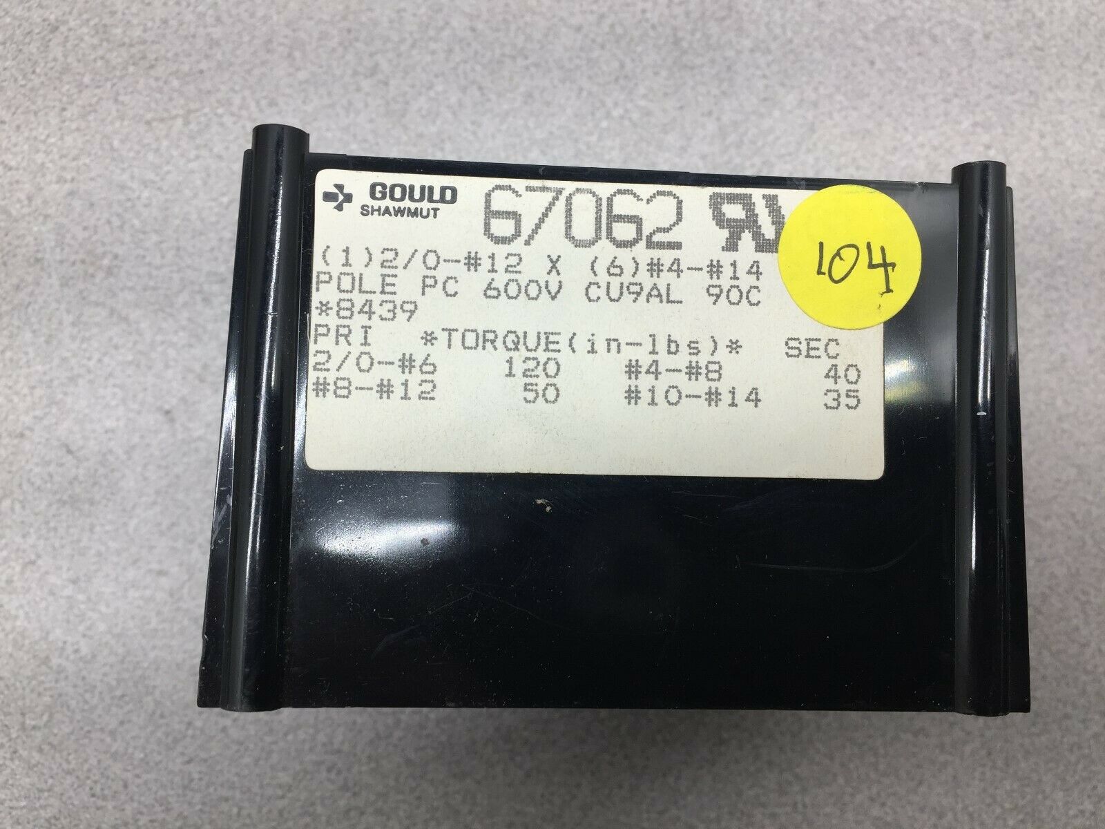 USED GOULD 600VAC 2POLE 2/O TERMINAL BLOCK 67062