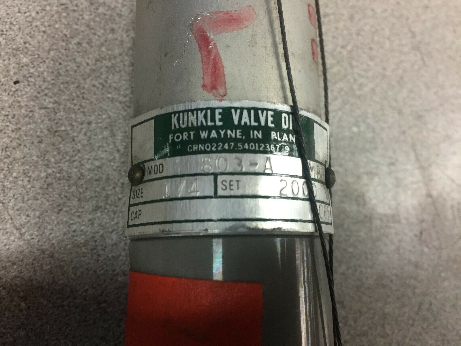 NEW NO BOX KUNKLE 1/4" SET 2000PSI RELIEF VALVE 803-A