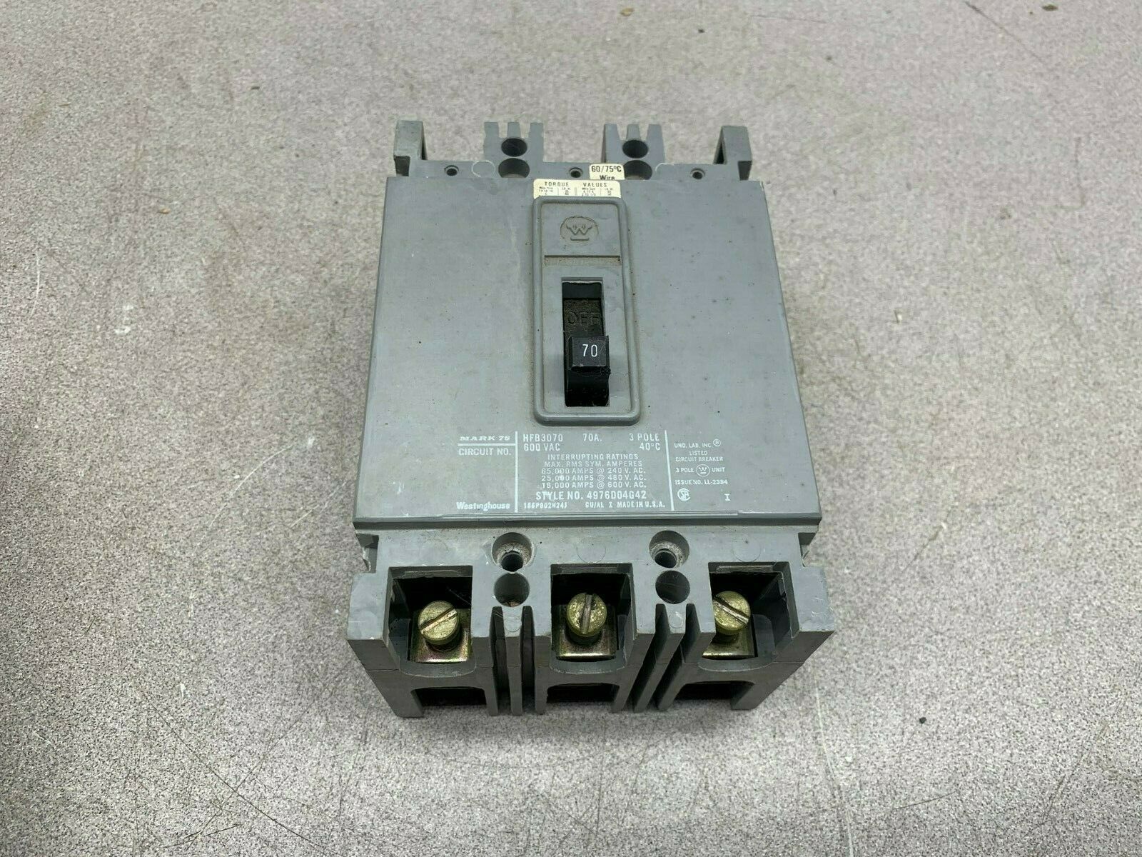 NEW NO BOX WESTINGHOUSE 3 POLE 70AMP CIRCUIT BREAKER HFB3070