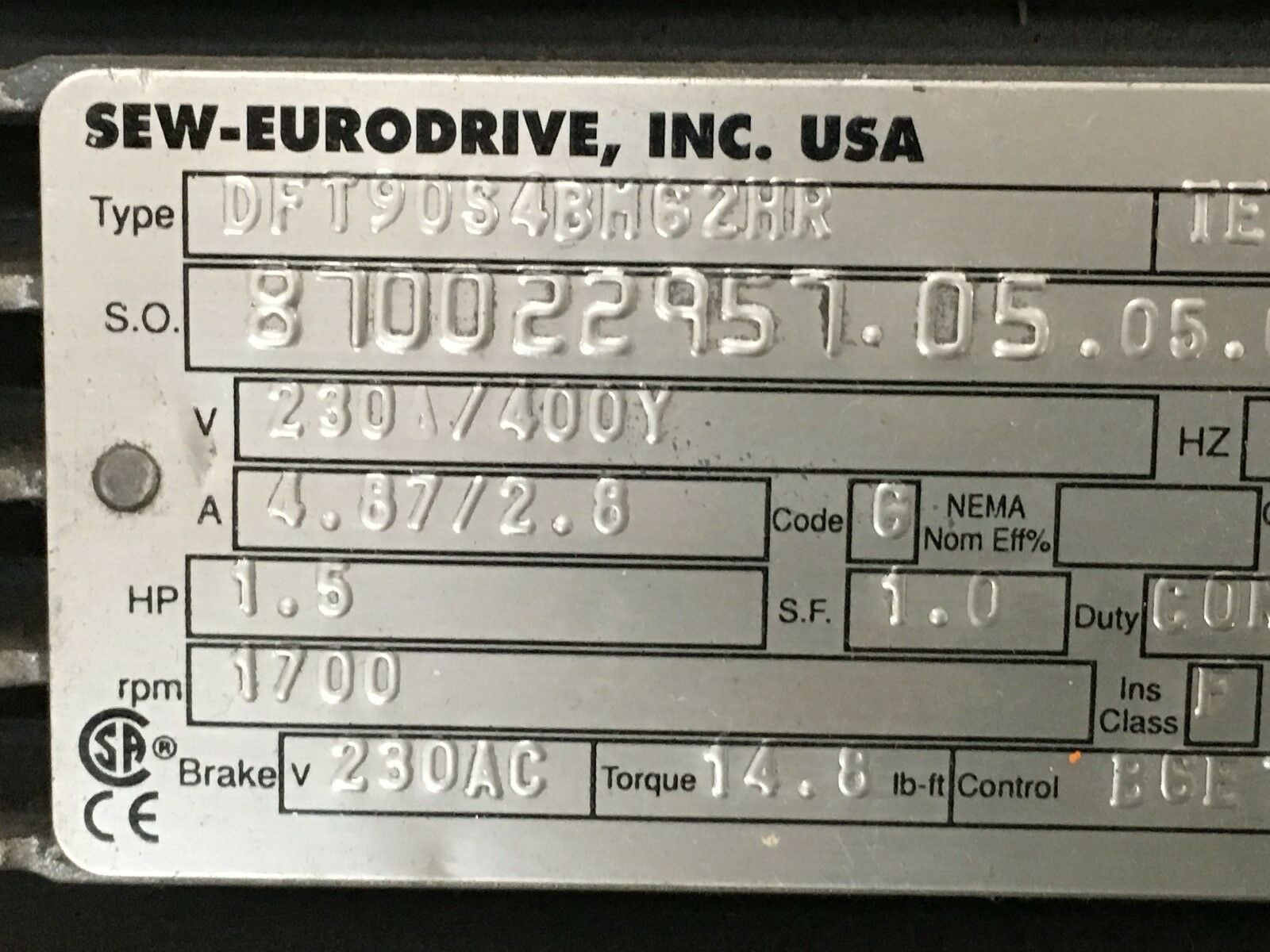 REBUILT SEW-EURODRIVE GEARMOTOR DFT90S4BM62HR SPEED KF47DT90S4BMS2HR