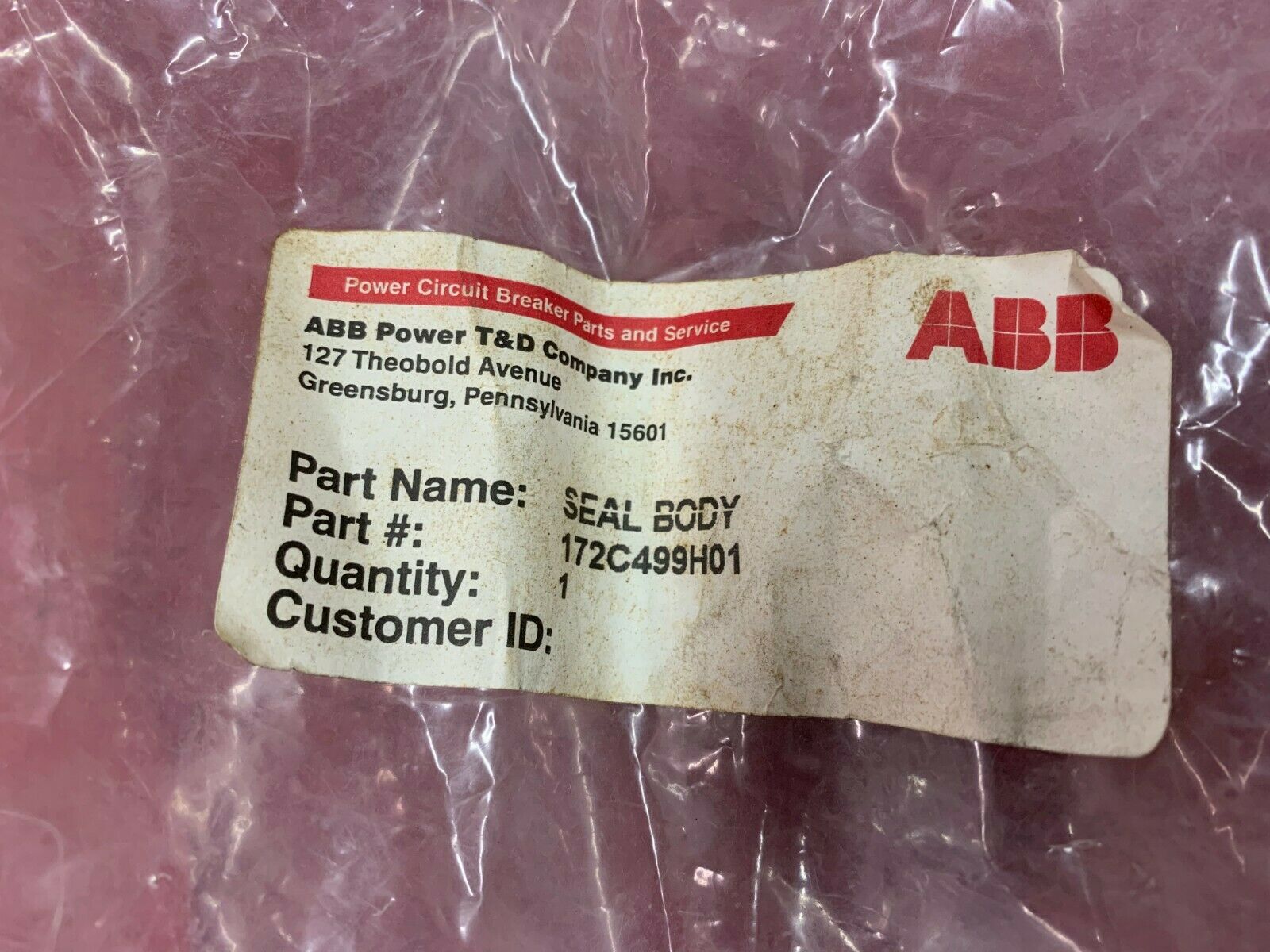 NEW NO BOX ABB SEAL BODY 172C499H01