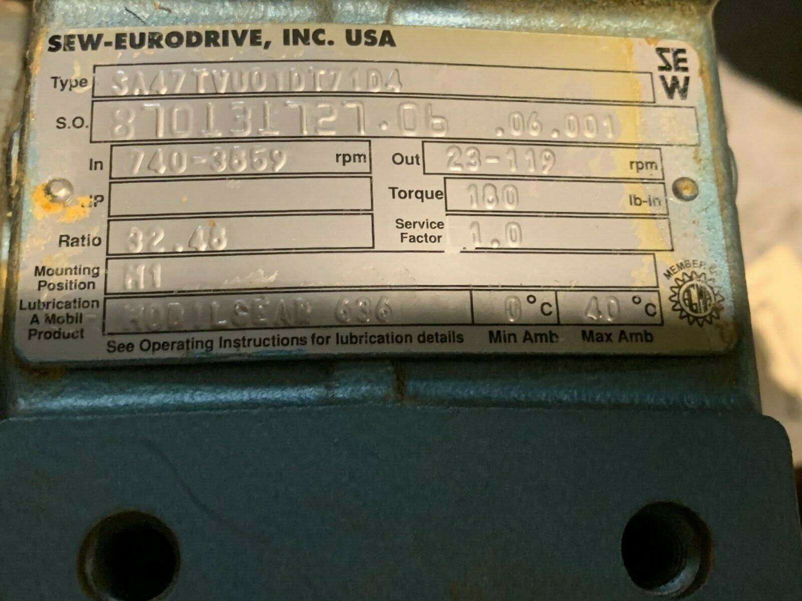 USED SEW-EURODRIVE GEARMOTOR SA47TVU01DT71D4 SPEED REDUCER VUF01DT71D4