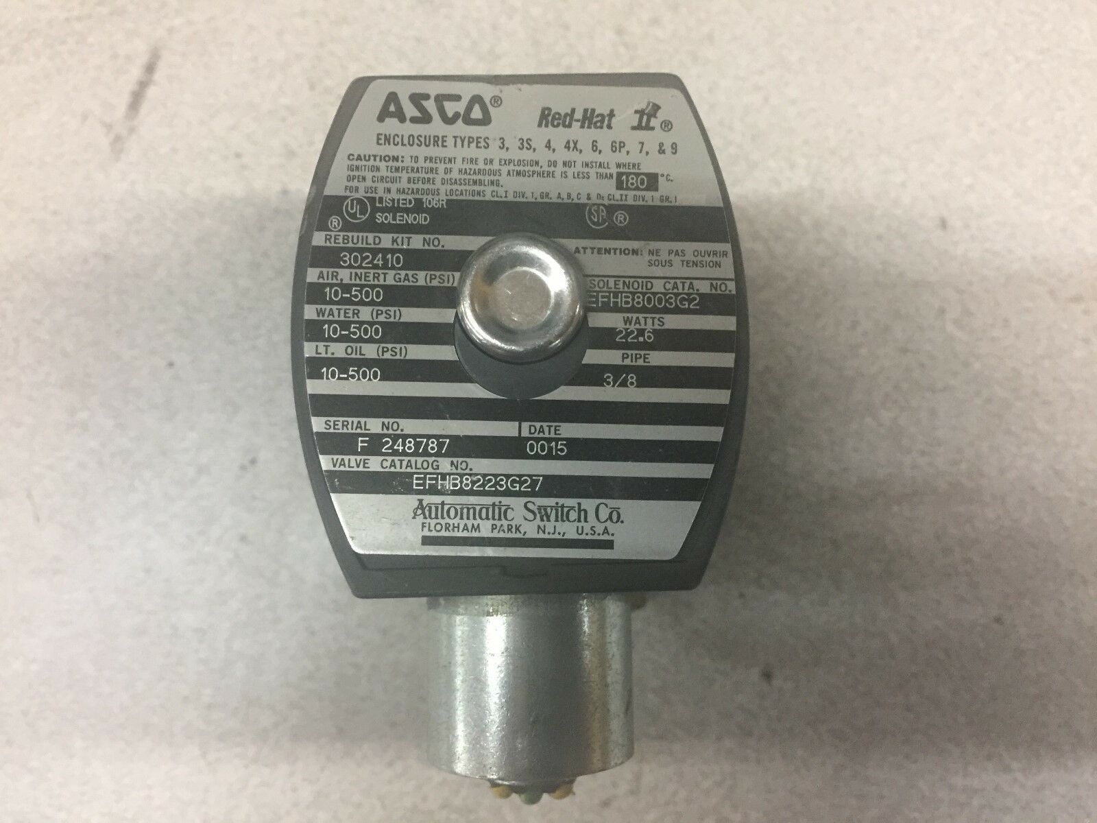 NEW NO BOX ASCO 3/8"NPT 10-500PSI SOLENOID VALVE EFHB8223G27