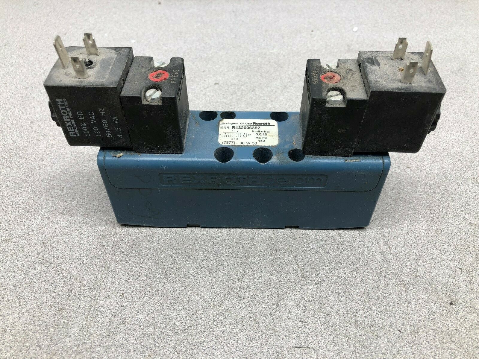 USED REXROTH 120 VAC COIL 150 PSI PNEUMATIC SOLENOID VALVE R432006382