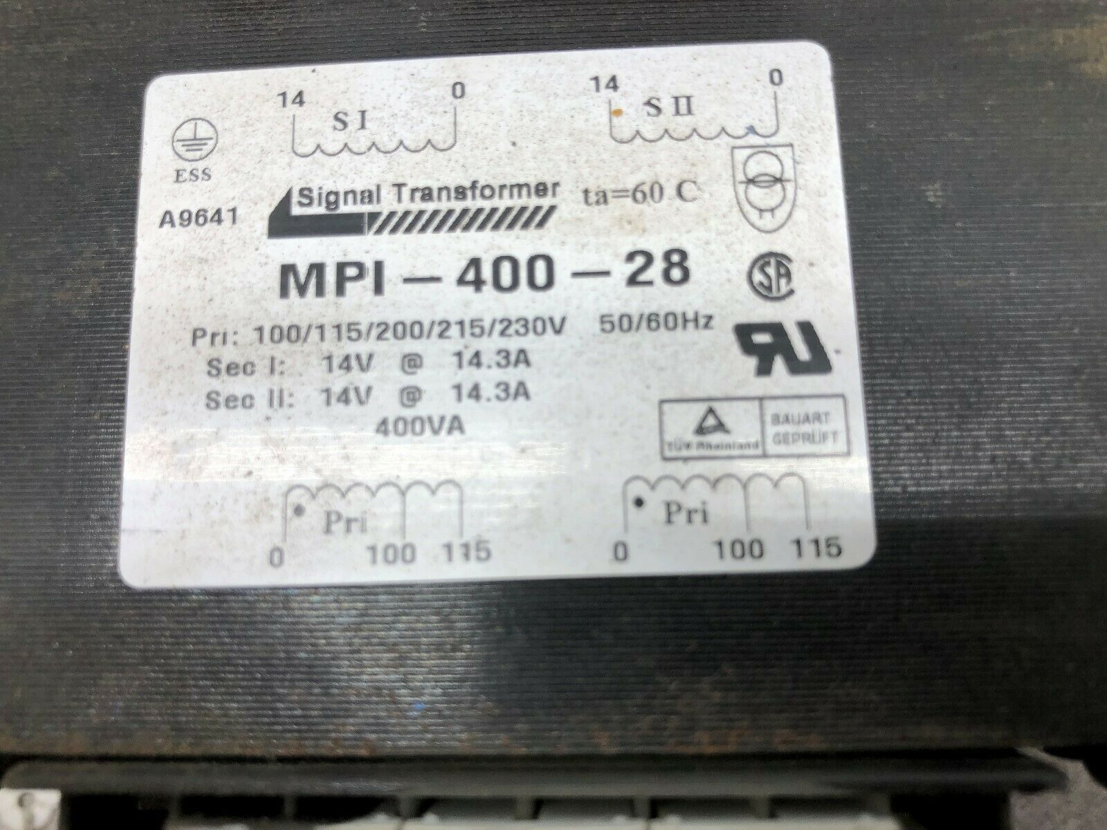 USED SIGNAL TRANSFORMER 400 VA 100-230 VAC PRI 14 VAC SEC MPI-400-28