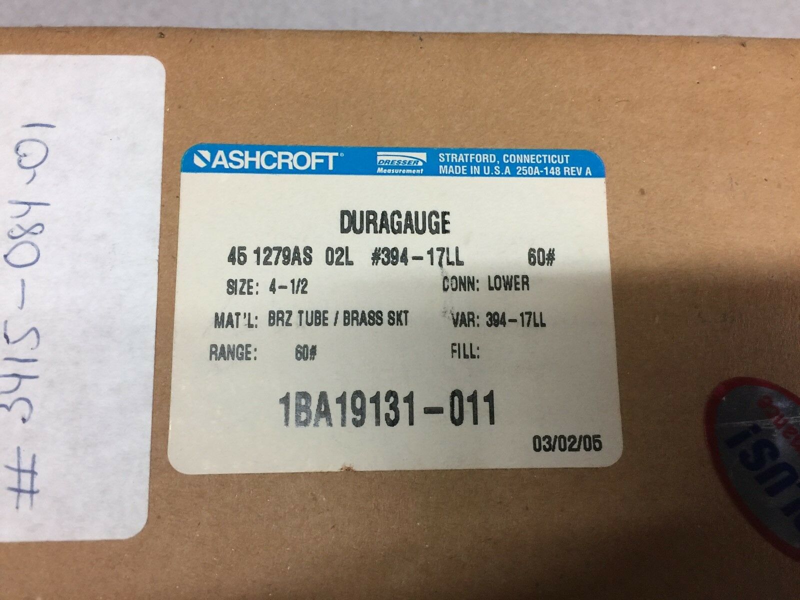 NEW IN BOX ASHCROFT DURAGAUGE 1BA19131-011 4-1/2 60# RANGE 3415-084-01