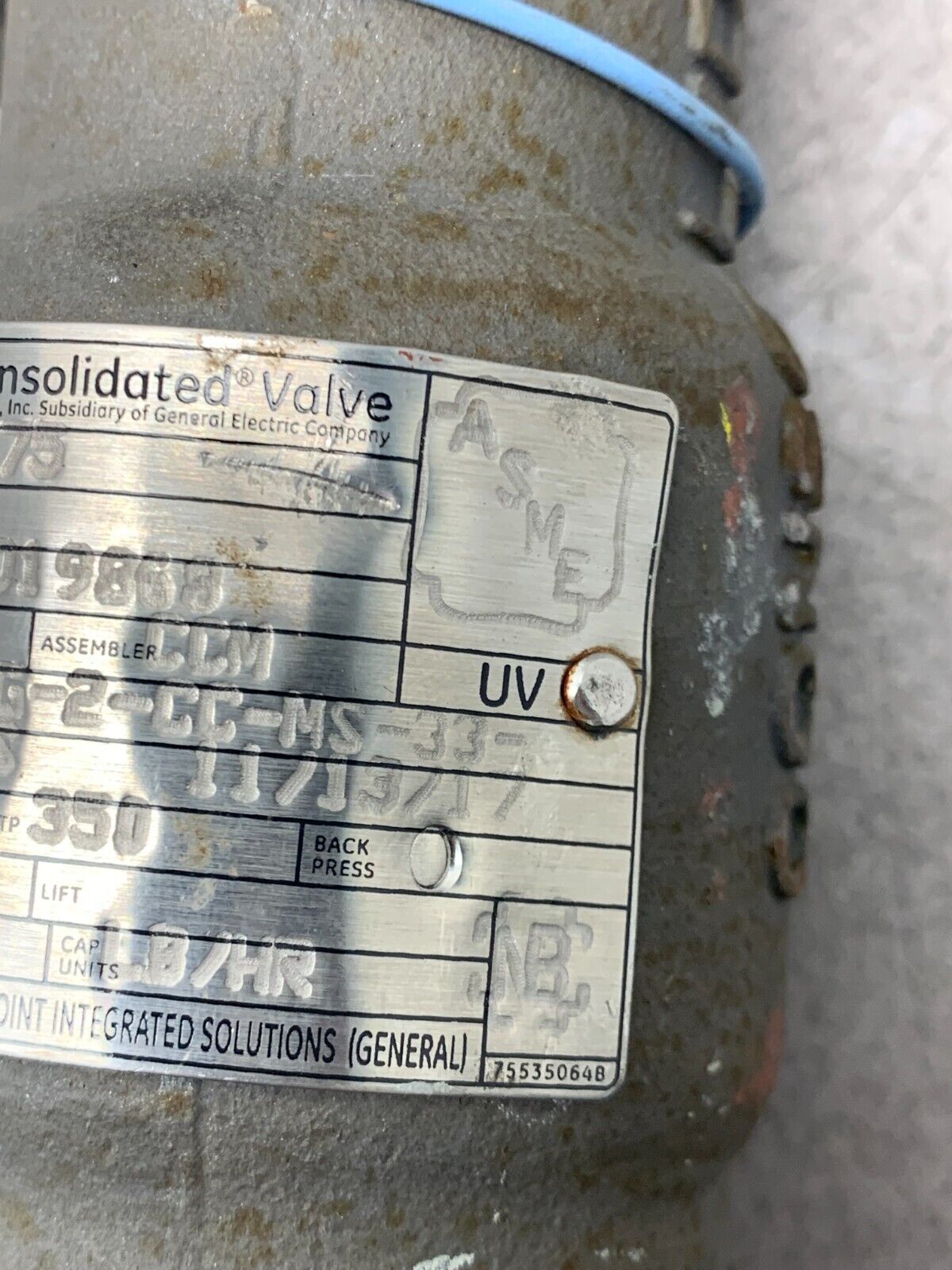 CONSOLIDATED VALVE 3/4"  350 PSIG. SAFETY RELIEF 19126MCG-2-CC-MS-33-MT-FT-SS