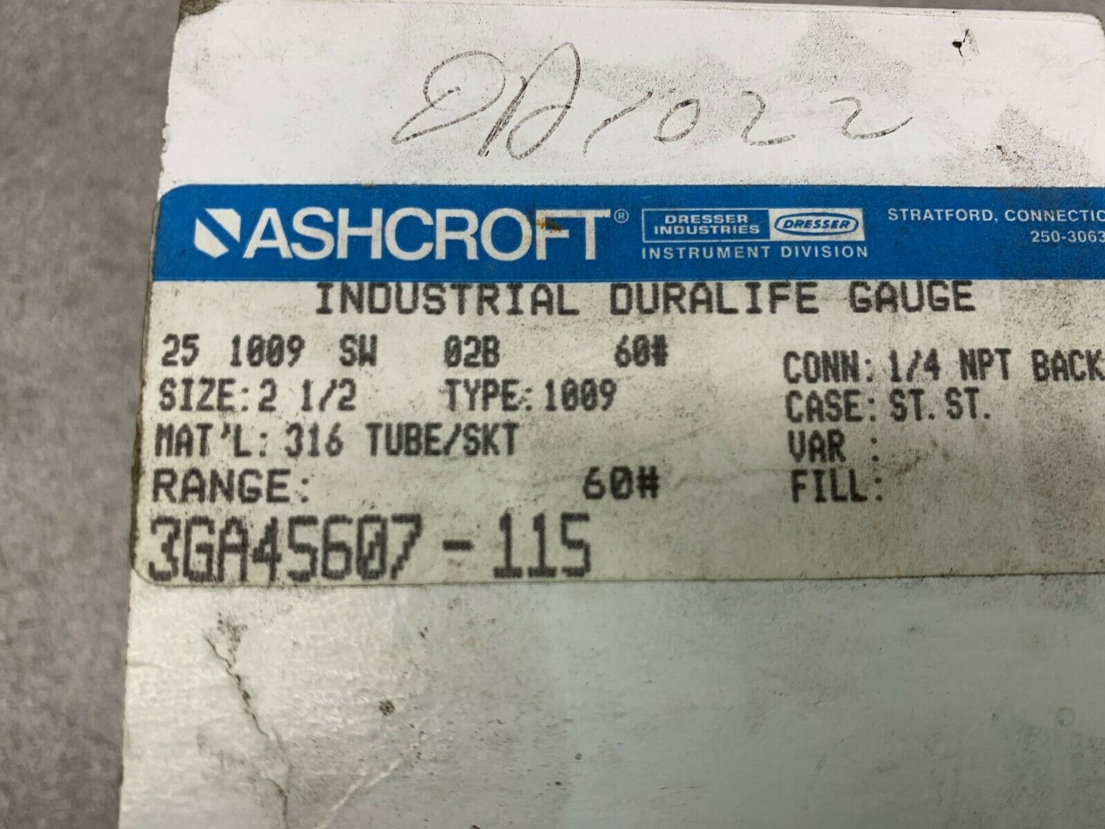 NEW IN BOX ASHCROFT GAUGE 3GA45607-115