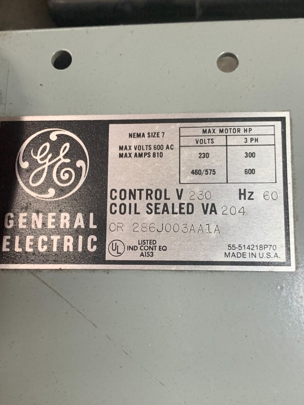 GENERAL ELECTRIC SIZE 7 STARTER CR285J003AA1A WITH 230VAC. COIL CR286J003AA1A