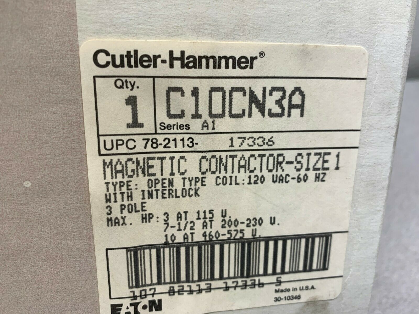 NEW CUTLER-HAMMER SIZE 1 MAGNETIC CONTACTOR 115-120V. COIL STARTER C10CN3A