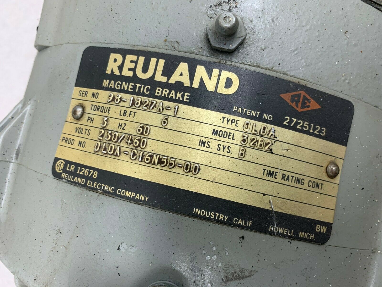 USED REULAND .50HP 1800RPM MOTOR 8348V-XC2216B WITH MAGNETIC BRAKE OLDA 32B2