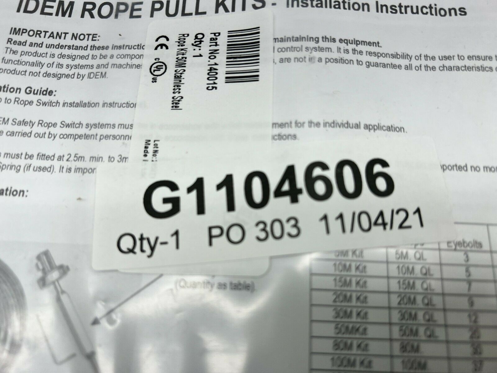 NEW IN BAG IDEM G1104606  PULL CABLE KIT 140015