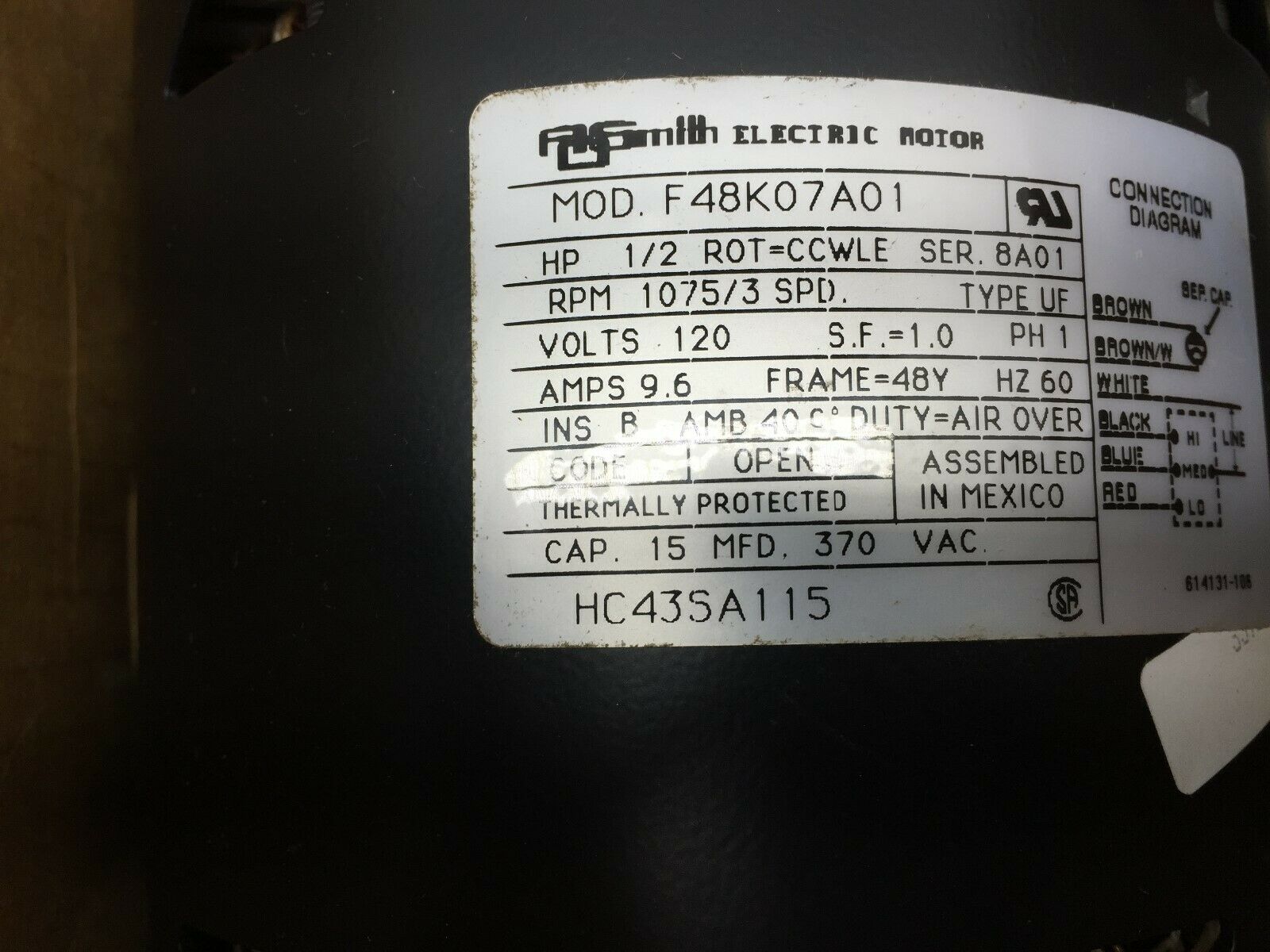 NEW IN BOX SMITH ELECTRIC 1/2HP 1075/3 SPD 48FR 120VAC 1PH MOTOR HC 43SA 115