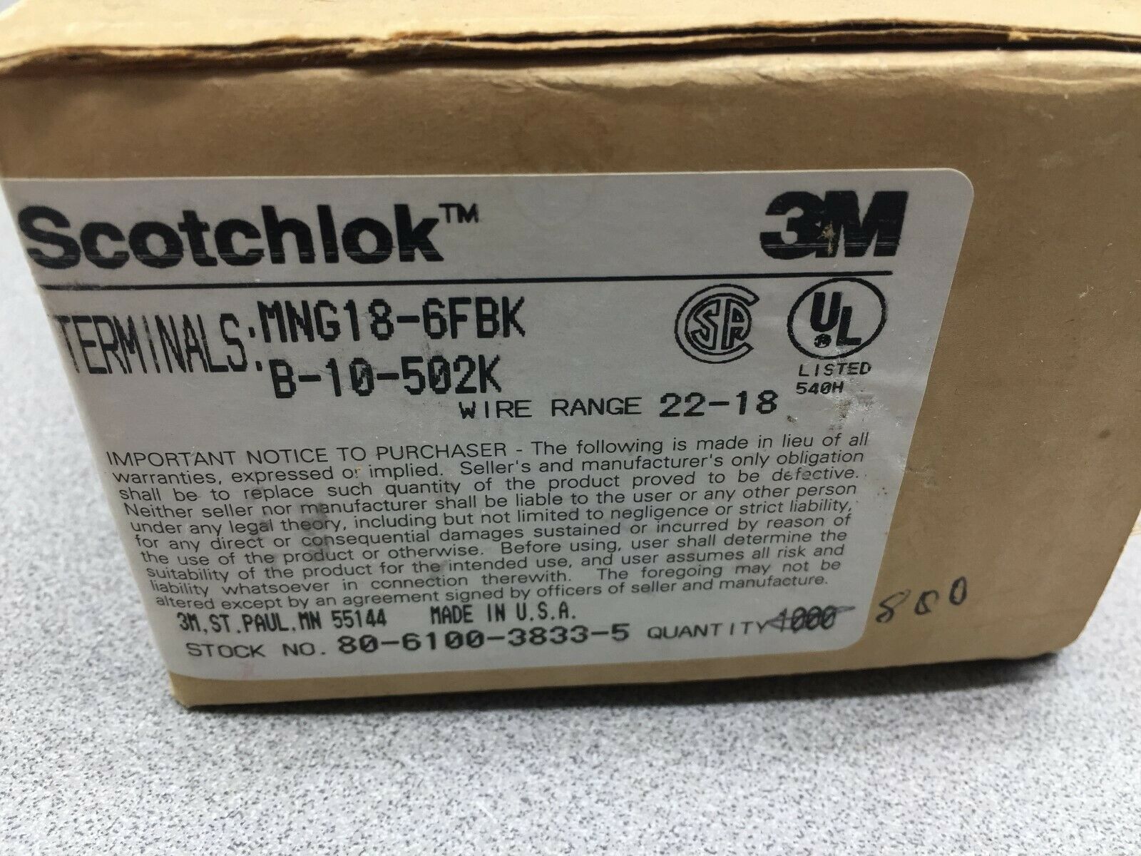 NEW BOX OF 800 SCOTCHLOK 22-18 AWG NYLON FORK LUG STAK ON CONNECTORS MNG18-6FBK