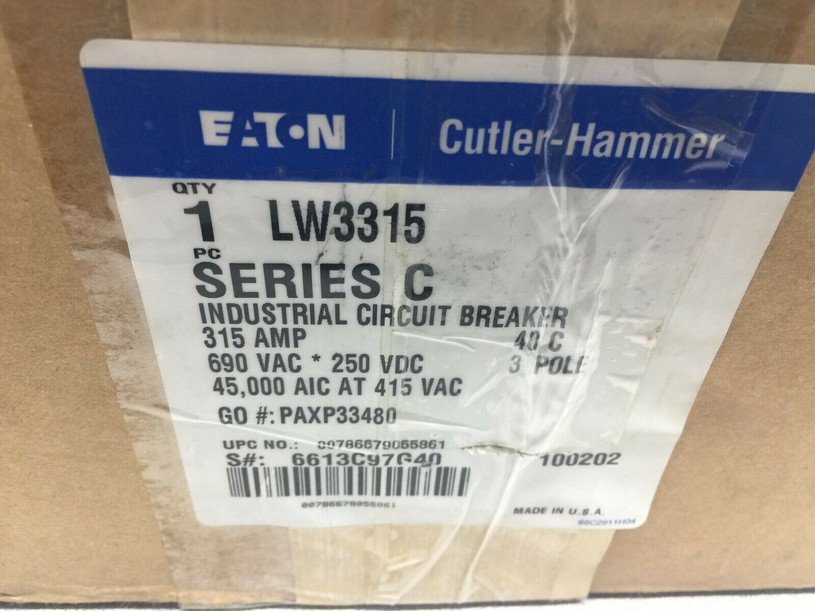 NEW IN BOX CUTLER HAMMER 315AMP 3POLE 690VAC 250VAC CIRCUIT BREAKER LW3315