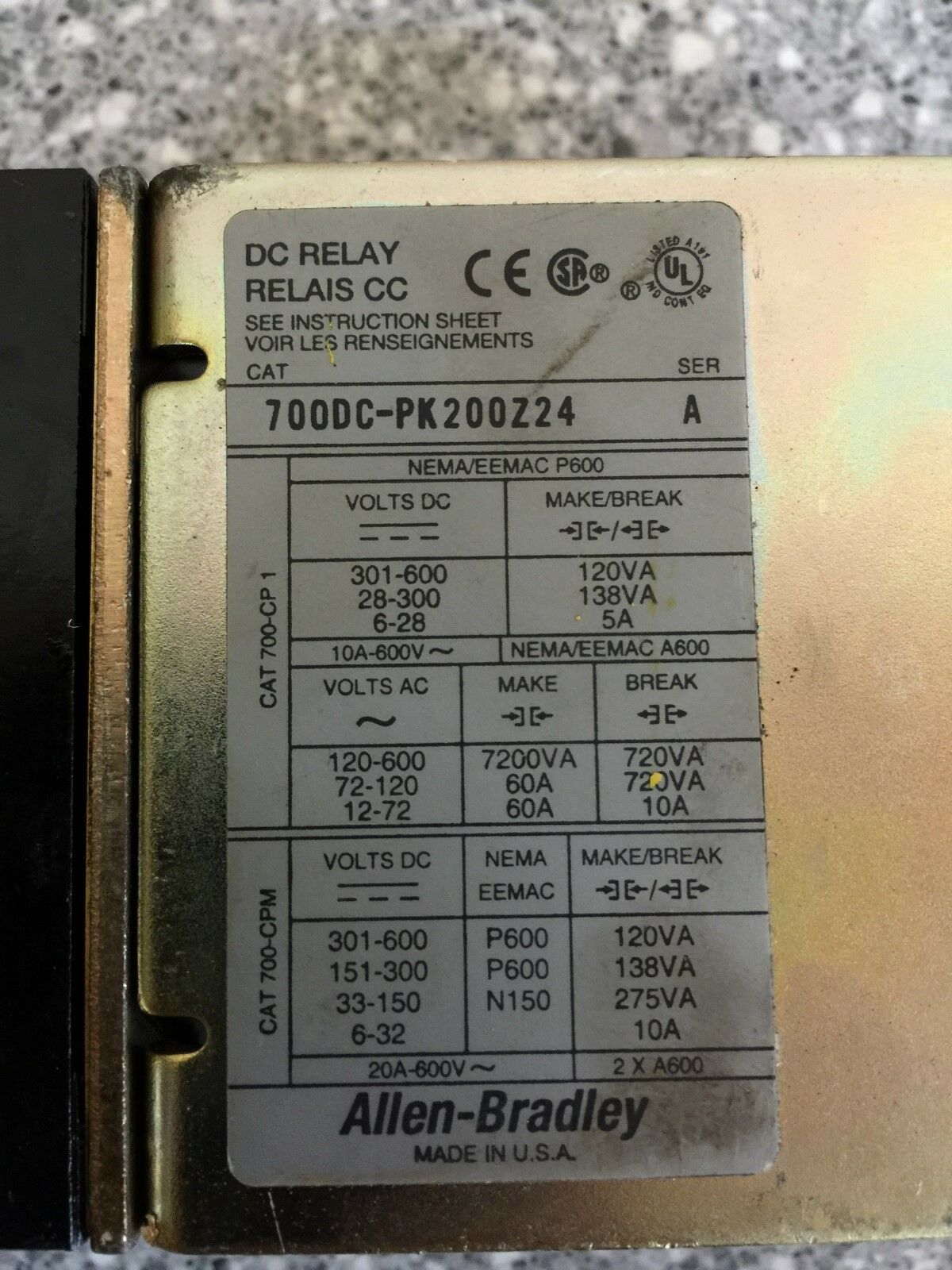 USED ALLEN-BRADLEY DC RELAY 700DC-PK200Z24 SERIES A