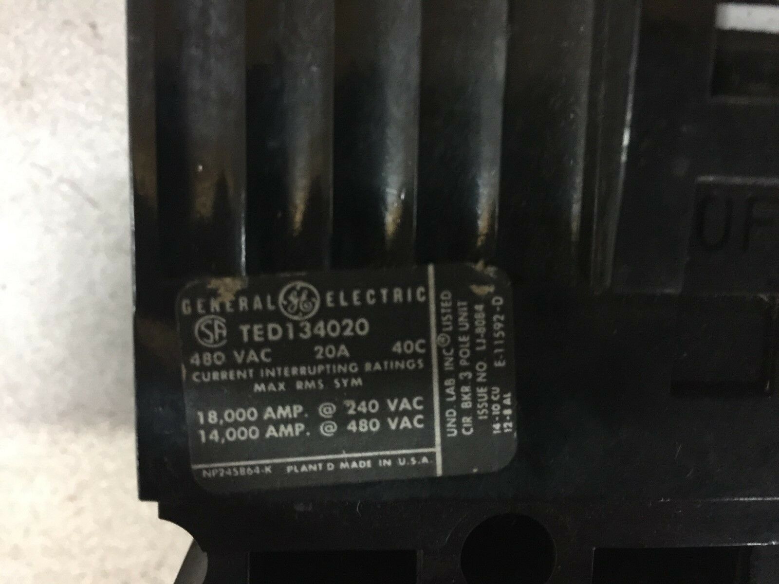 USED GE 20AMP 480VAC 3POLE CURCUIT BREAKER TED134020