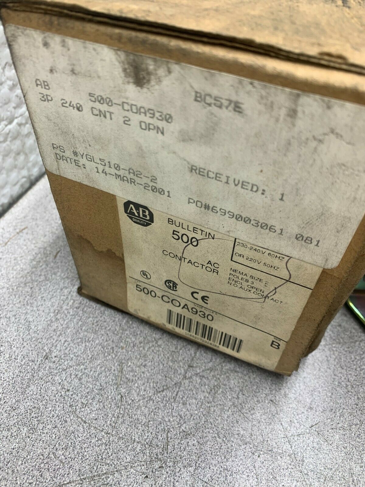 NEW IN BOX ALLEN-BRADLEY SIZE 2 STARTER 220/240V. COIL 500-COA930 SERIES B