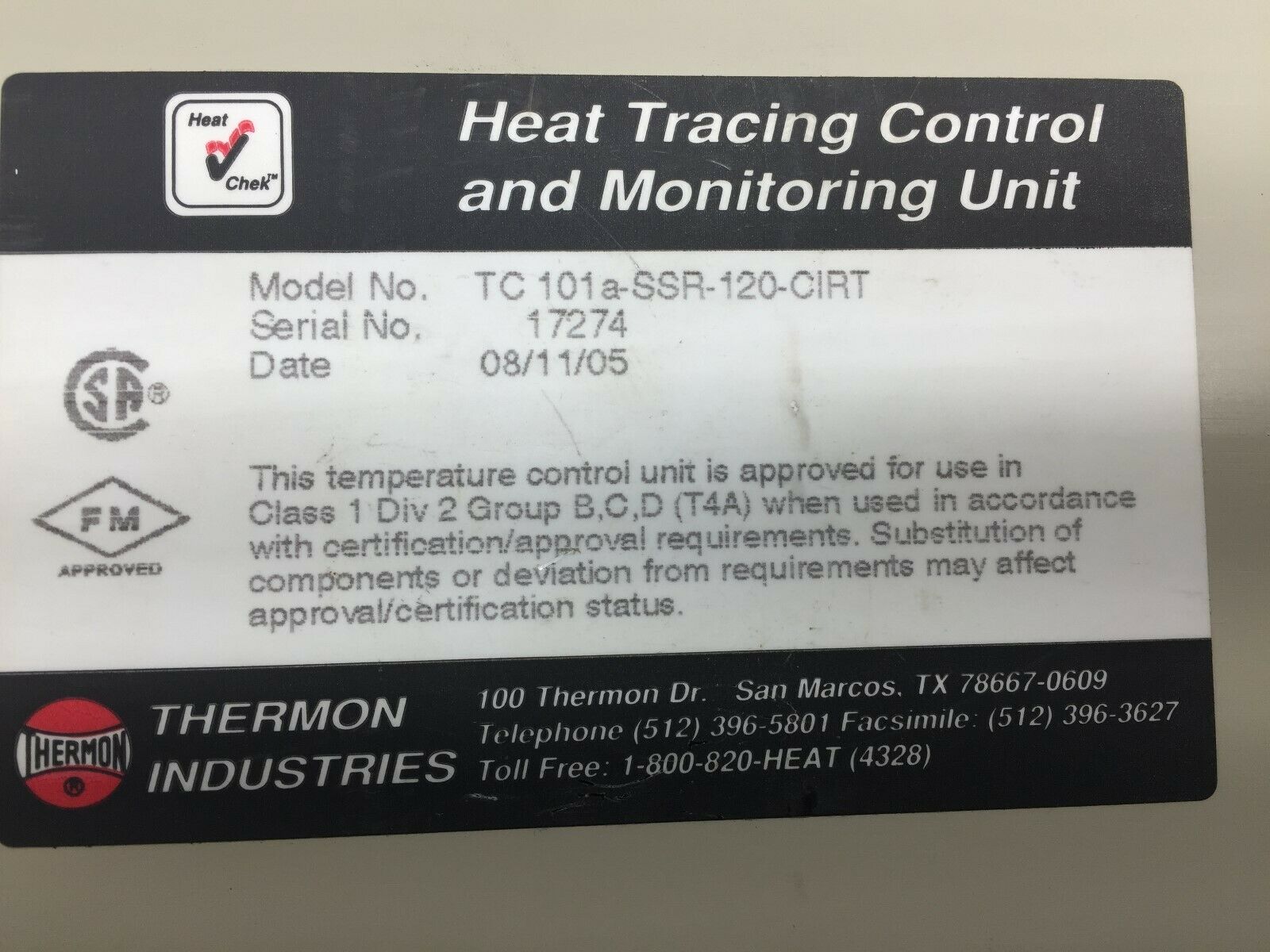 USED THERMON HEAT TRACE CONTROL AND MONITORING UNIT TC 101a-SSR-120-CIRT