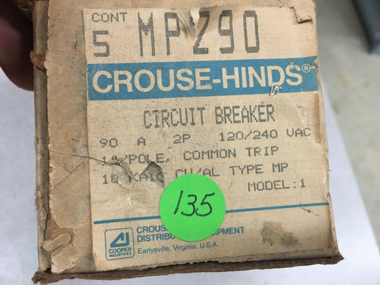 NEW BOX OF 5 CROUSE-HINDS 2 POLE 90AMP CIRCUIT BREAKERS MP290