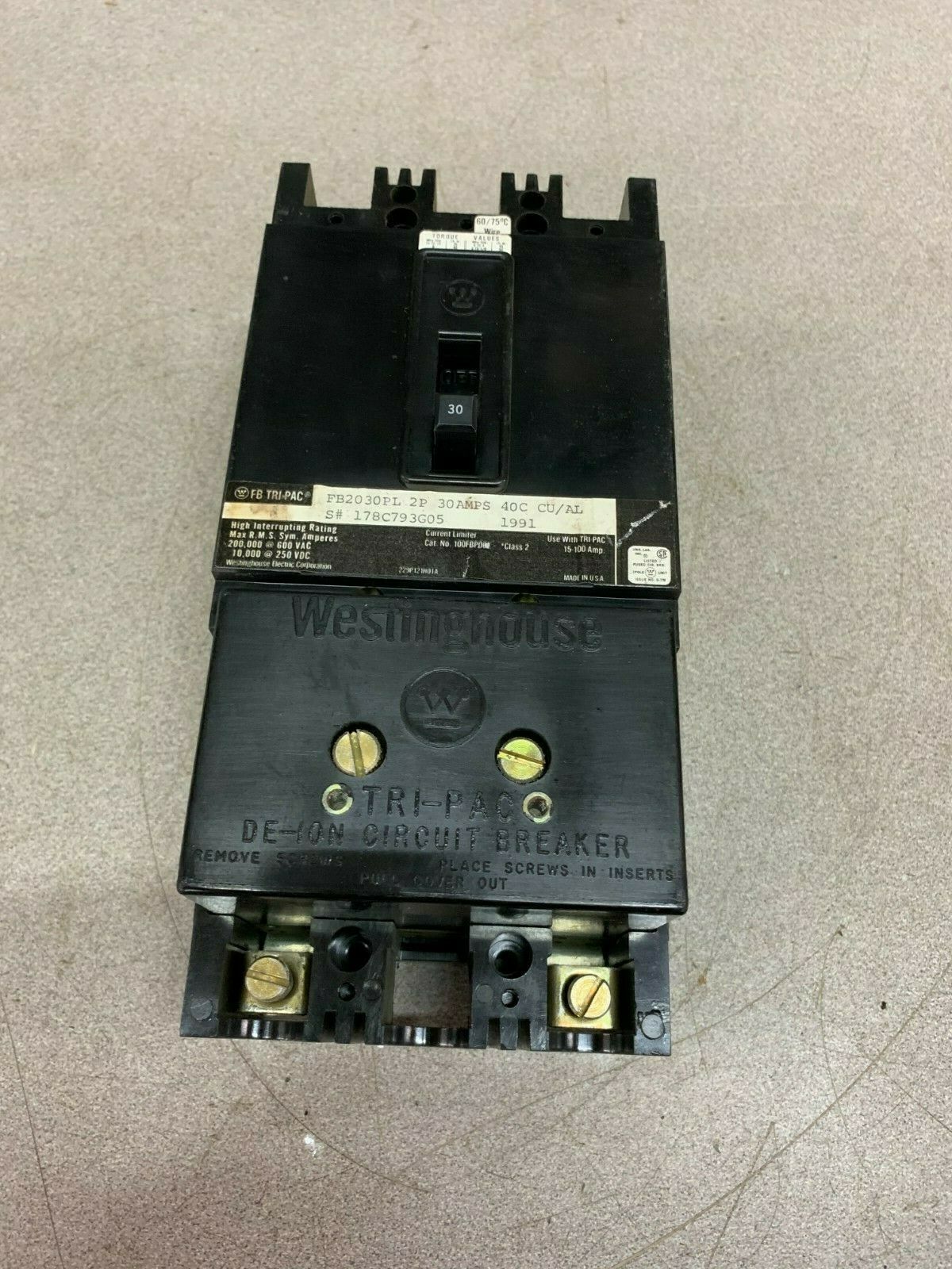 NEW NO BOX WESTINGHOUSE 2 POLE 30AMP TRI-PAC CIRCUIT BREAKER FB2030PL