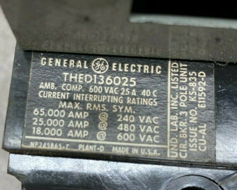 USED GENERAL ELECTRIC TEFR1 25 AMP 3 POLE MOTOR CIRCUIT PROTECTOR THED136025