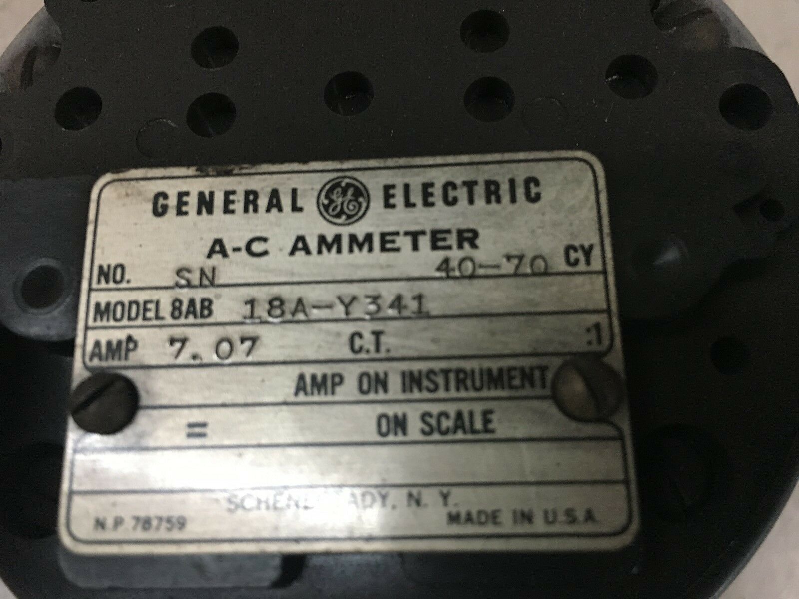 USED GENERAL ELECTRIC A-C AMMETER 8AB 18A-Y341