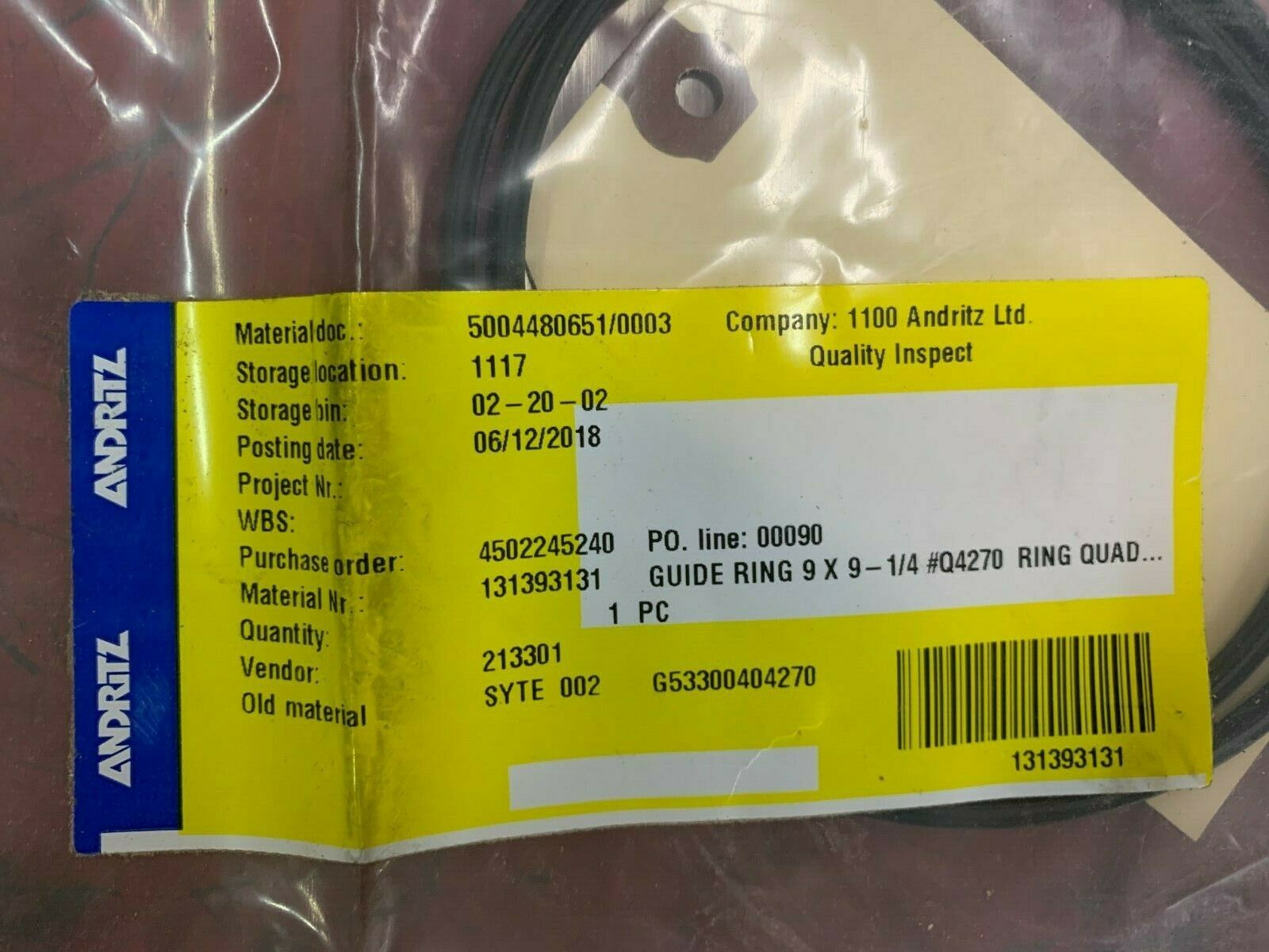 NEW ANDRITZ GUIDE RING 9X9-1/4 #Q4270 RING QUAD 131393131