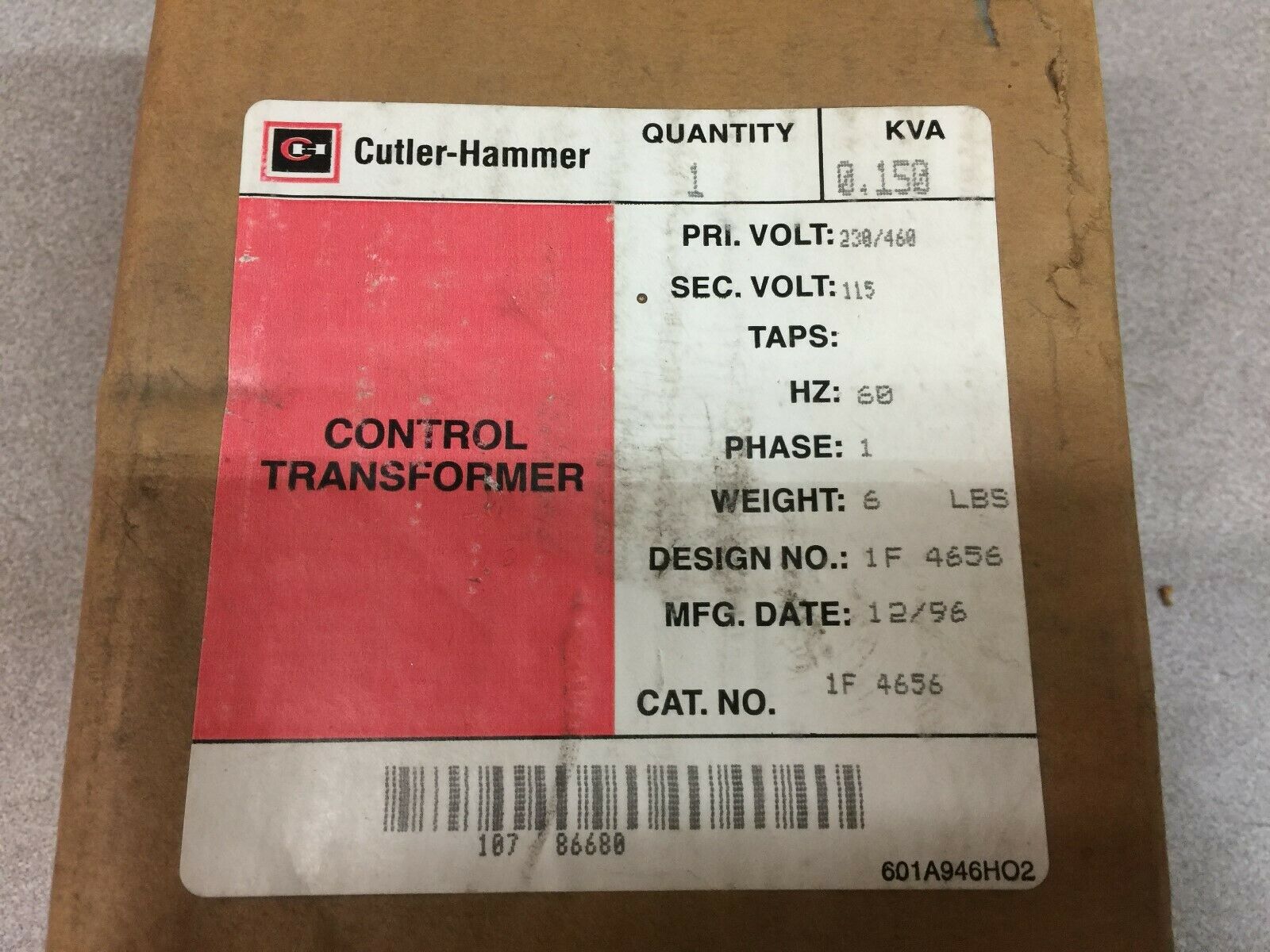 NEW IN BOX CUTLER HAMMER 0.150KVA 1PH 230/460VAC PRI 115VAC SEC CONTROL TRANSFOR