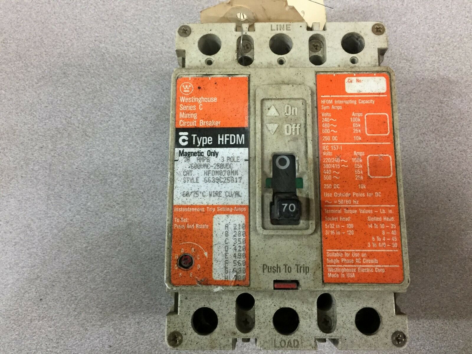 USED WESTINGHOUSE 70 AMP 3 POLE 600 VAC 250 VDC 210-700 TRIP BREAKER HFDM070MM