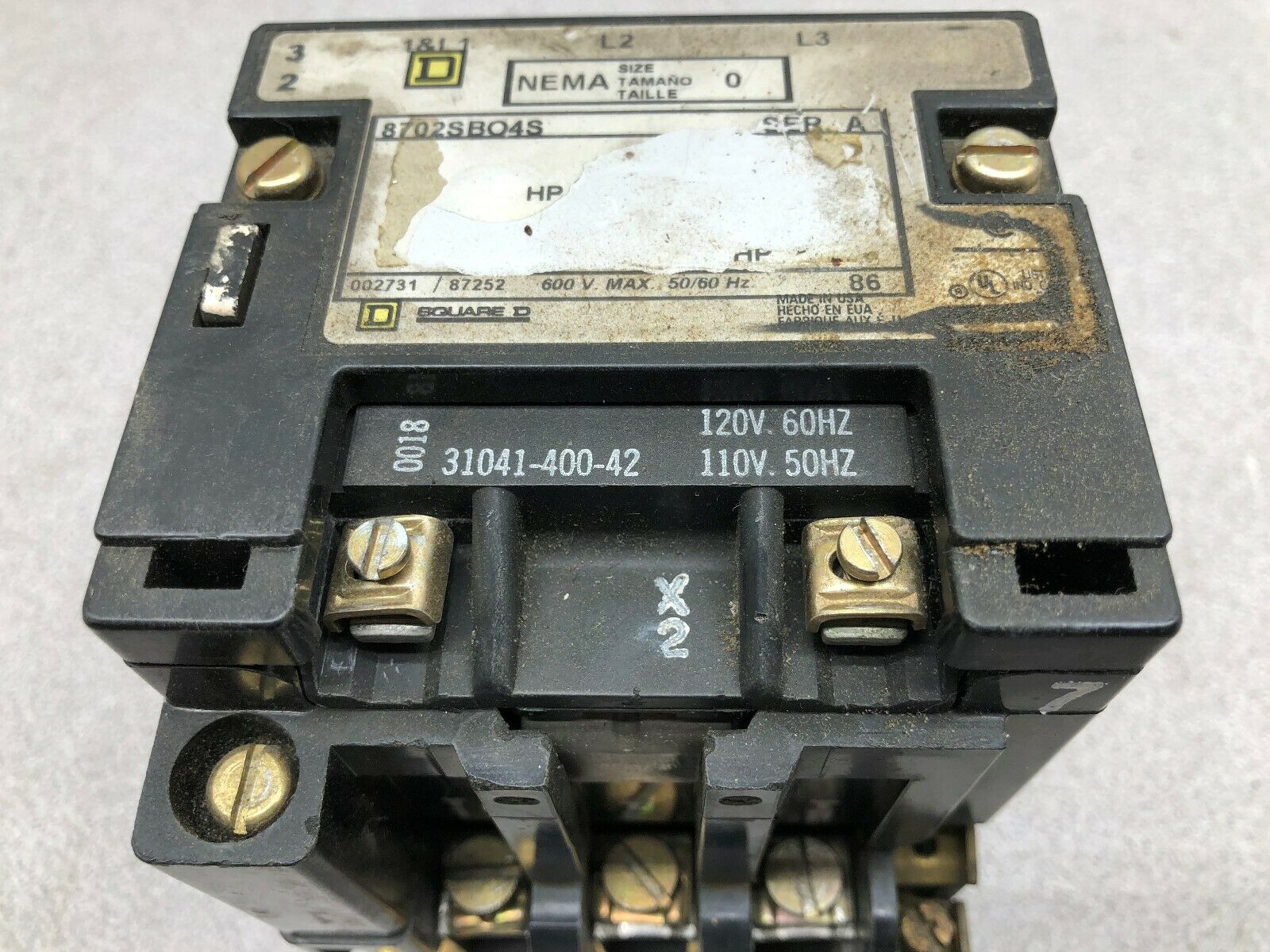 USED SQUARE D SIZE 0 120 VAC COIL 3 POLE 600 VAC MAX CONTACTOR 8702SBO4S SER A