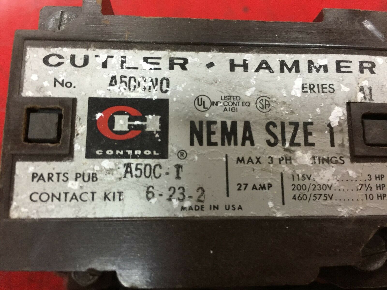 USED CUTLER HAMMER SIZE 1 3POLE 120VAC COIL 27AMP 600VAC REVERSING STARTER A50CN