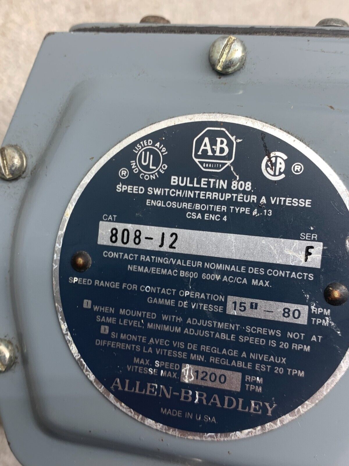 NEW NO BOX ALLEN-BRADLEY SPEED SWITCH 808-J2 SERIES F