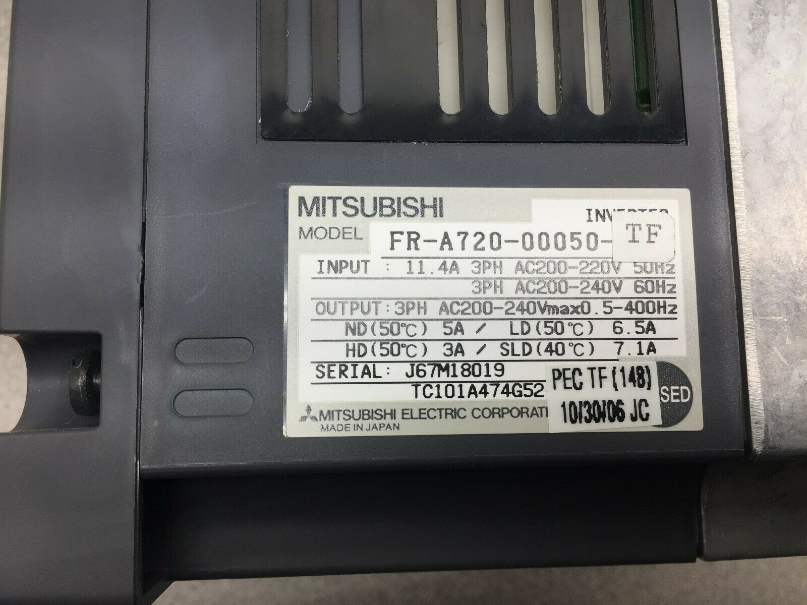 USED MITSUBISHI 11.4AMP 3PH 0.5-400HZ 200-240VAC INVERTER DRIVE FR-A720-00050-TF